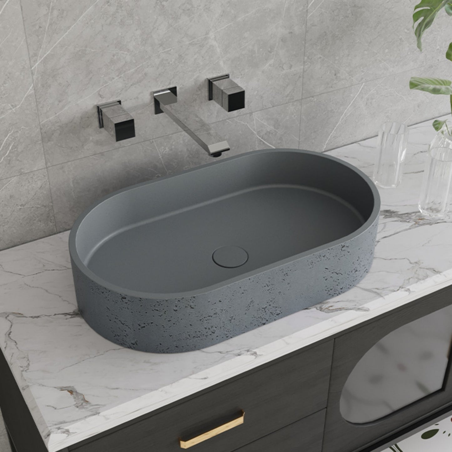 Grey Oval Long Cement Basin