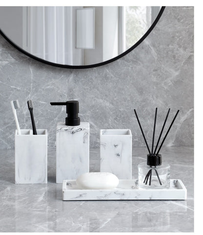 2022 Hot Sale 4 Pieces Resin Bathroom Accessories Complete Sets Vanity Countertop Accessory Set With Marble Look