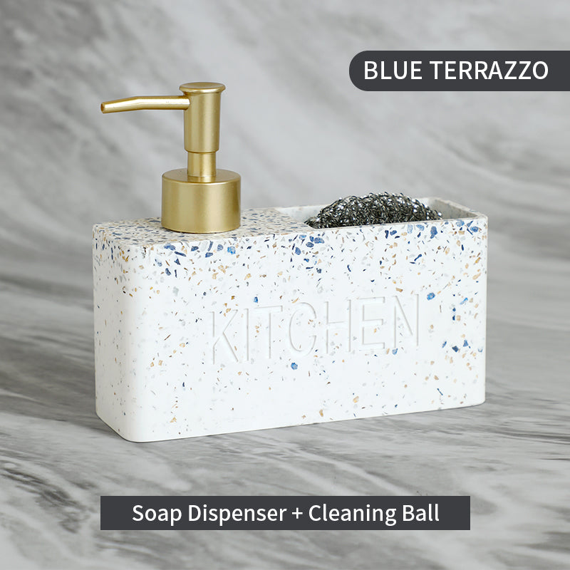 Blue Terrazzo Effect 2-In-1 Soap Dispenser For Kitchen Cleaning Ball Holder