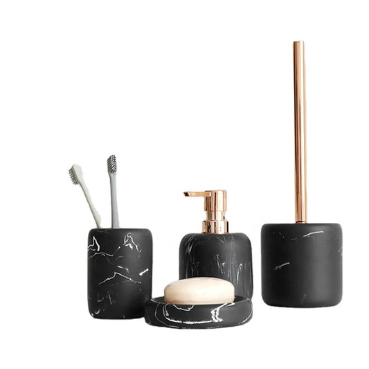 Набор из 4 предметов из матового черного мрамора для ванной комнаты с дозатором мыла, держателем для туалетной щетки, стаканом, мыльницей