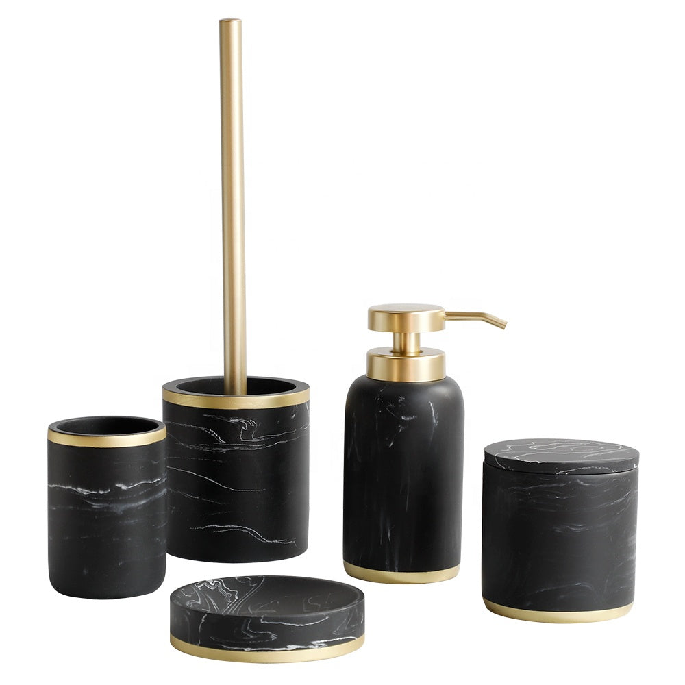 Черный мрамор, золотой дозатор для мыла, зубная щетка, держатель для туалетной щетки, наборы аксессуаров для ванной комнаты из смолы