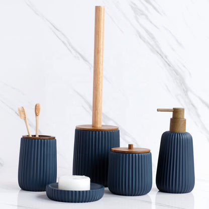 Fancy Ocean Blue New Design Acacia Wood Parts Polyresin  Bathroom Accessories Set
