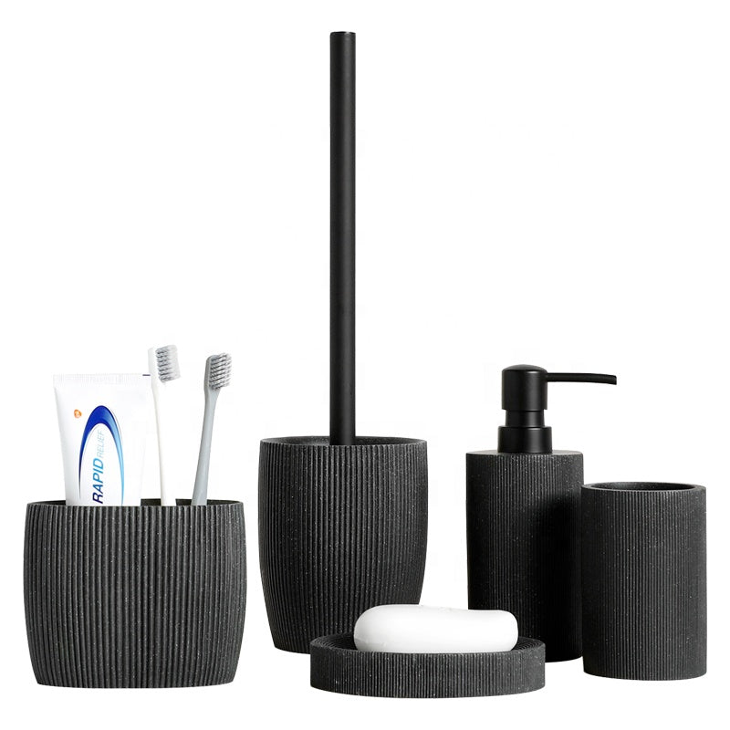 Black Sandstone Soap Dispenser Dish Tumbler Tooth Toilet Brush Holder Resin Bathroom Set