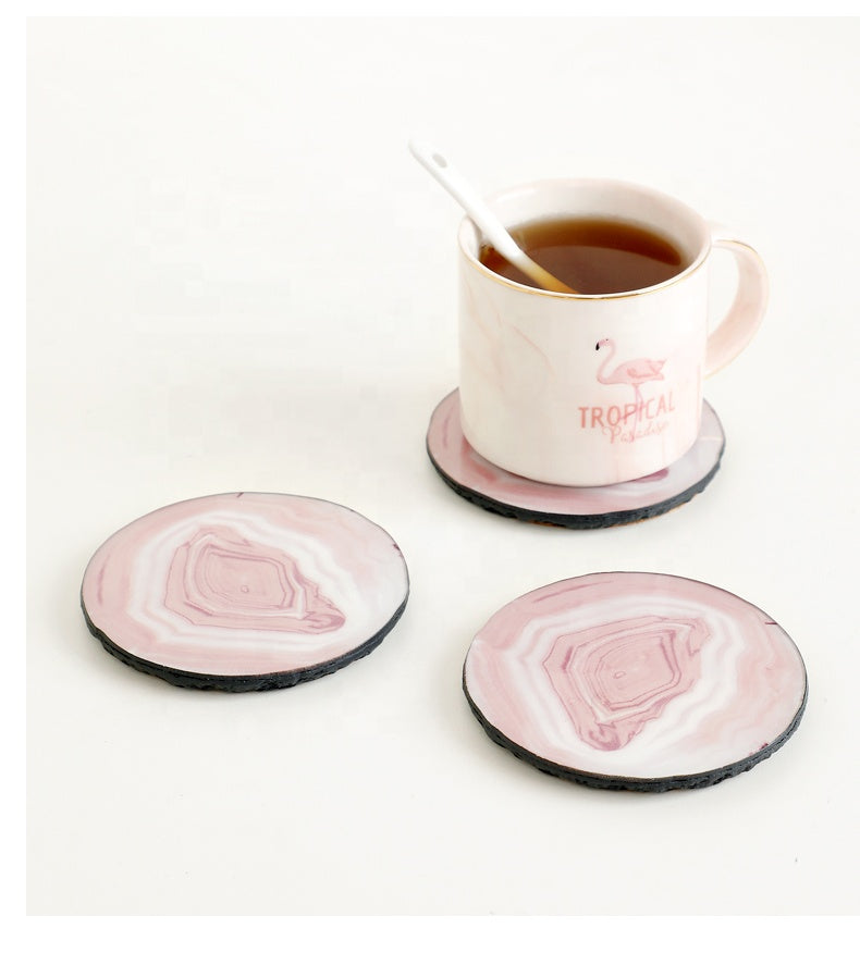 Deft Design 4 Inch Non Slip Water Absorbent Agate Stone Coffee Tea Wine Cup Coaster With Cork Back