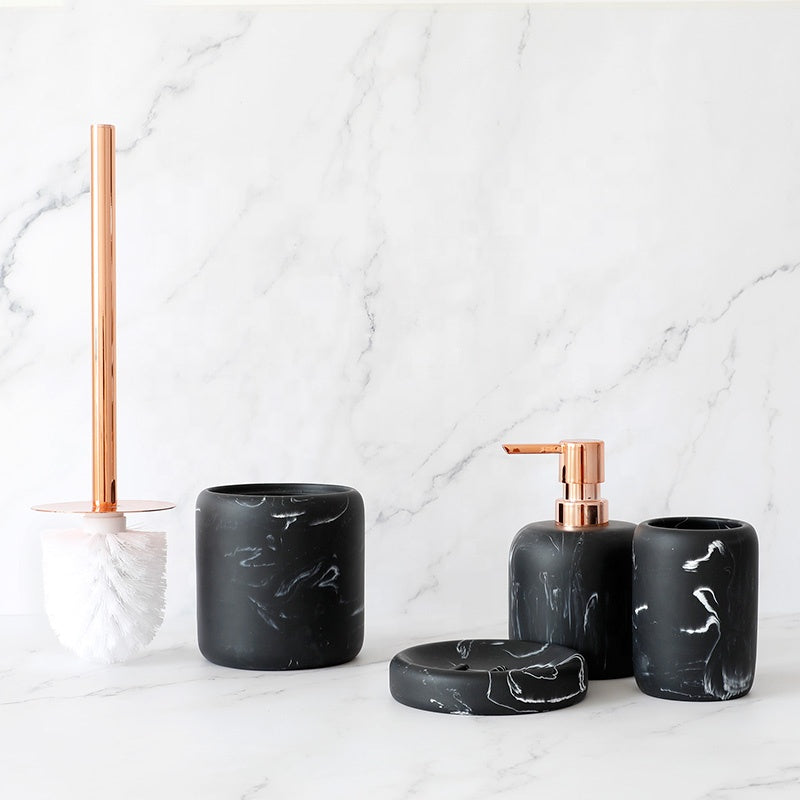 Набор из 4 предметов из матового черного мрамора для ванной комнаты с дозатором мыла, держателем для туалетной щетки, стаканом, мыльницей