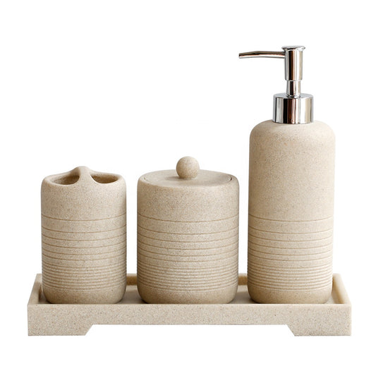 Fashionable And Upscale Beige Sandstone Gold Pump Resin Soap Dish Dispenser Bathroom Accessories Sets For Hotel Home Office