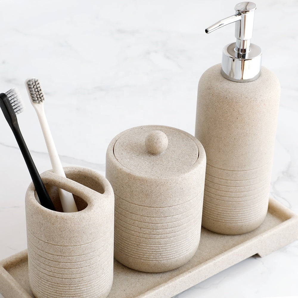 Fashionable And Upscale Beige Sandstone Gold Pump Resin Soap Dish Dispenser Bathroom Accessories Sets For Hotel Home Office