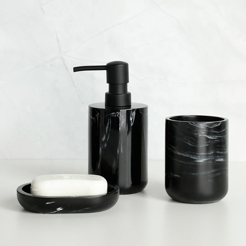 Bright Black Marble Effect Resin Soap Dispenser Dish Toothbrush Toilet Brush Holder Tumble 5 Pcs Bathroom Accessory Set
