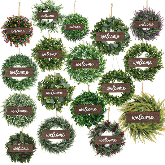 Simulated Green Plant Wreath With Wooden Board And Hemp Rope Hooks