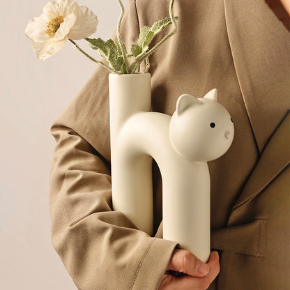 Creative And Cute Tube Shaped Cat Flower Ceramic Vase