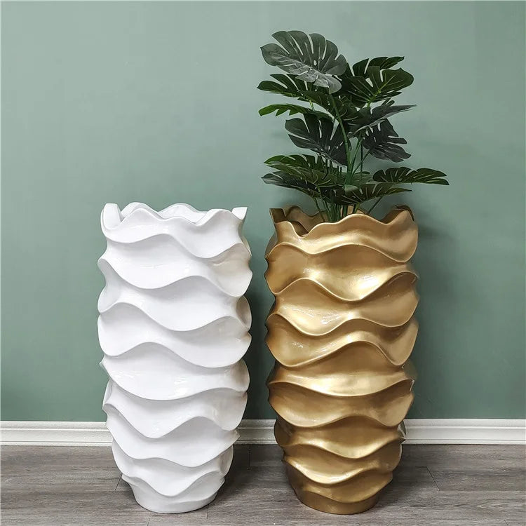 Modern White Gold Wave Shape Relief Vase Flower Pot Planter for Home Decoration