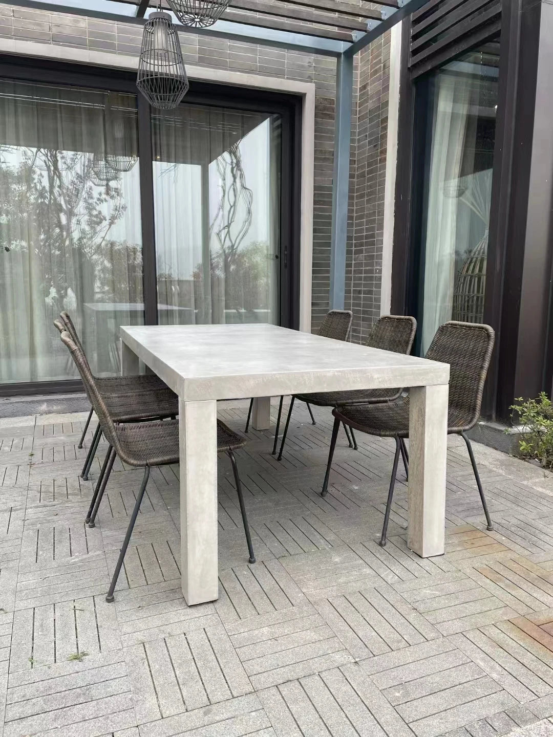 high strength durable outdoor rectangular fiberglass cement concrete dining table